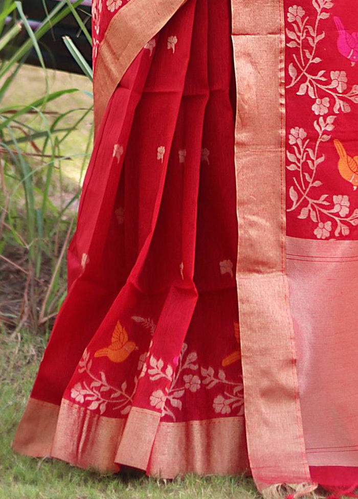 Red Linen Silk Saree With Blouse Piece Cheap Sale Shop For