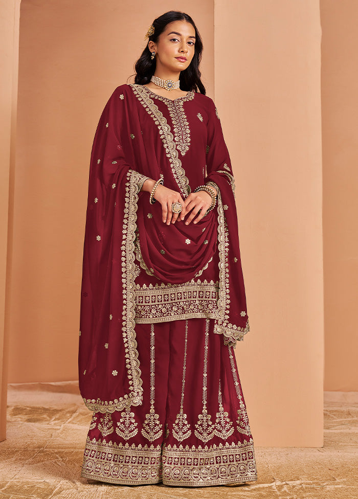 3 Pc Maroon Semi Stitched Georgette Suit Set Amazon Footaction