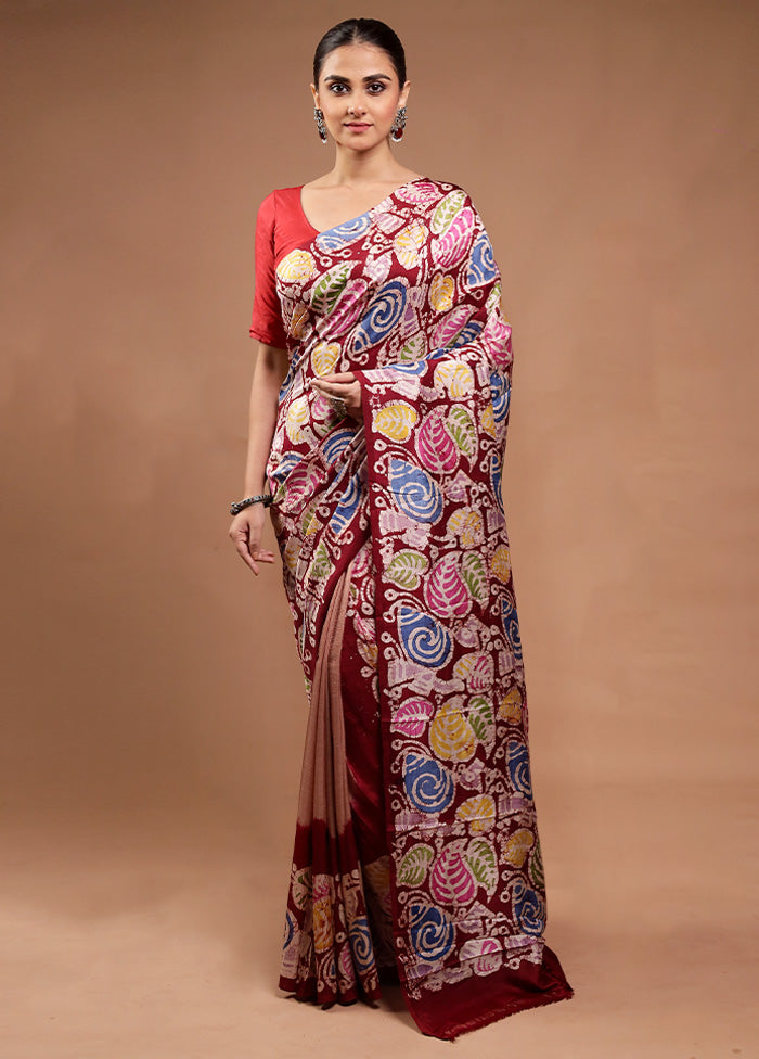 Maroon Printed Pure Silk Saree Without Blouse Piece Limited Edition Online