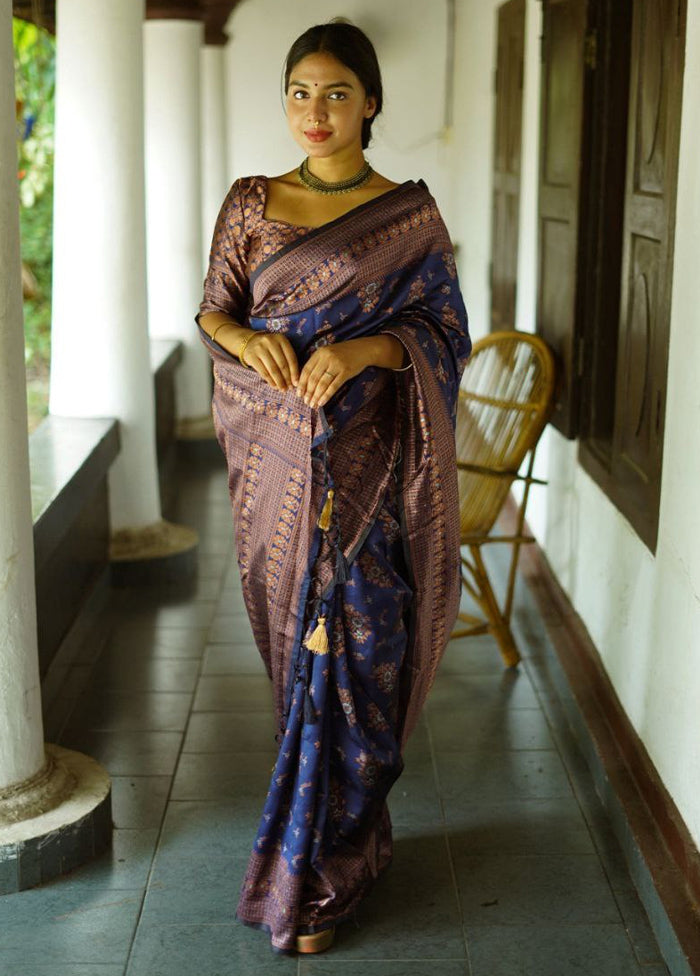 Blue Spun Silk Saree With Blouse Piece Discount 2025 Newest