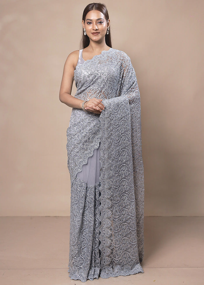 Grey Handloom Tissue Pure Silk Saree With Blouse Piece Big Sale Cheap Online