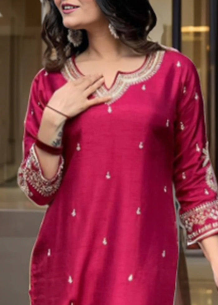 3 Pc Maroon Readymade Silk Suit Set Cheapest Sale Online