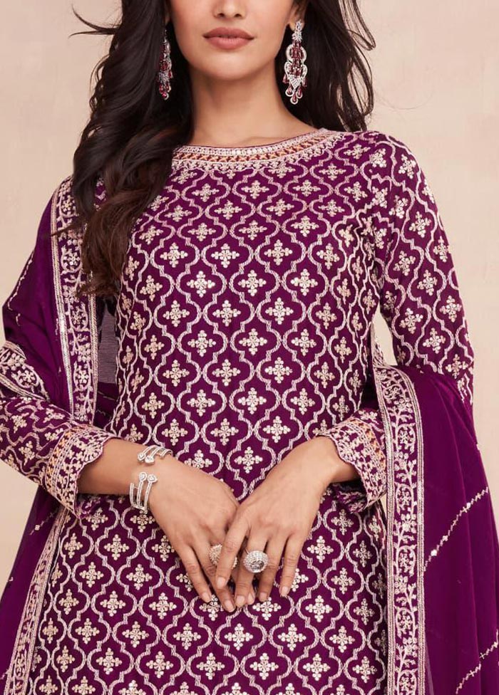 3 Pc Magenta Semi Stitched Silk Suit Set For Sale Free Shipping