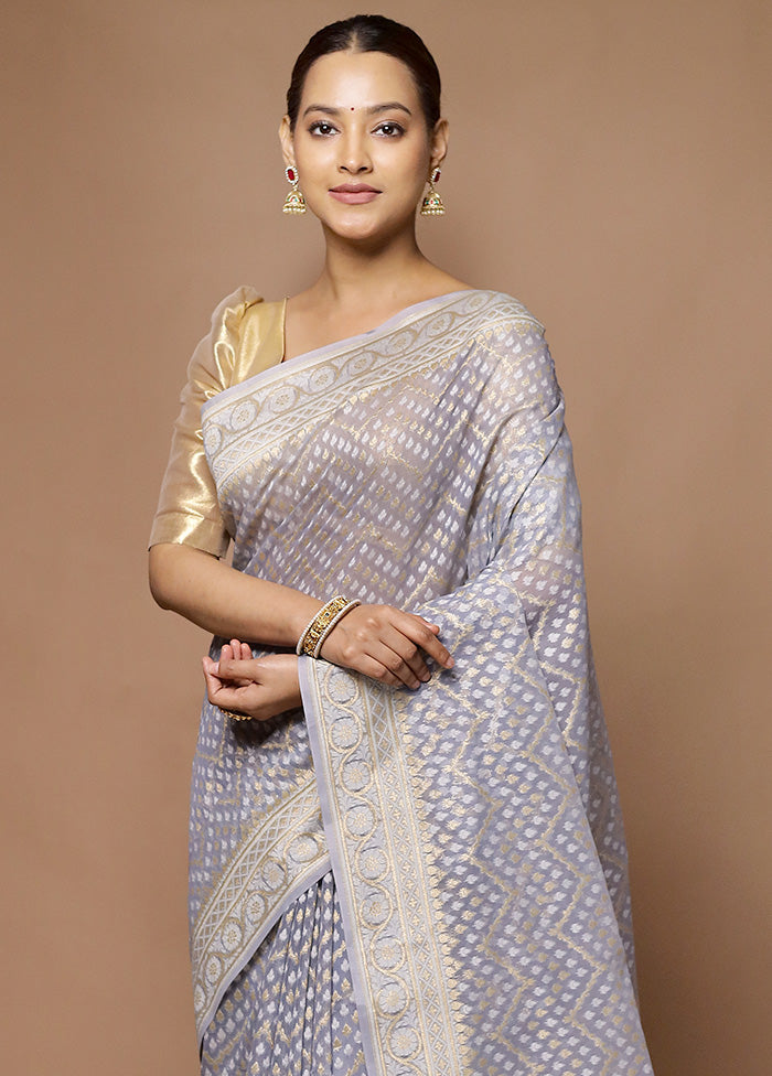 Grey Kora Silk Saree With Blouse Piece Cheap Sale 2025 Unisex