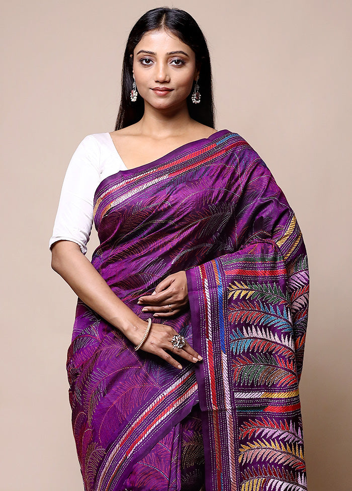 Purple Handloom Kantha Stitch Pure Silk Saree With Blouse Piece Free Shipping Best