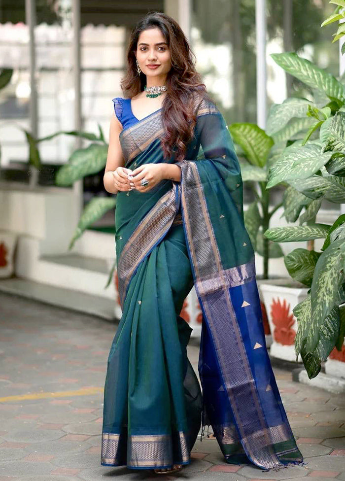 Teal Banarasi Silk Saree With Blouse Piece Buy Cheap Best Sale