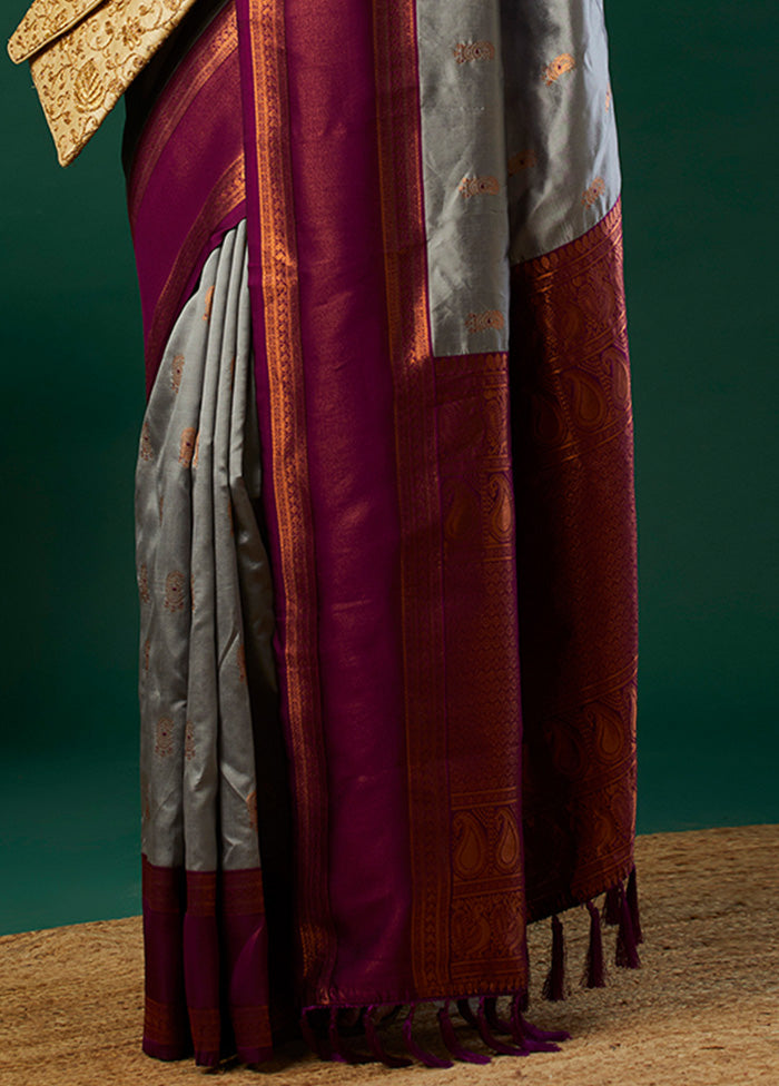 Grey Banarasi Silk Saree With Blouse Piece Original Cheap Online