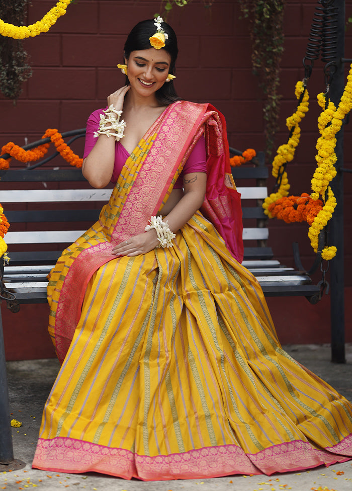 Yellow Handloom Katan Pure Silk Saree With Blouse Piece Clearance 100% Original