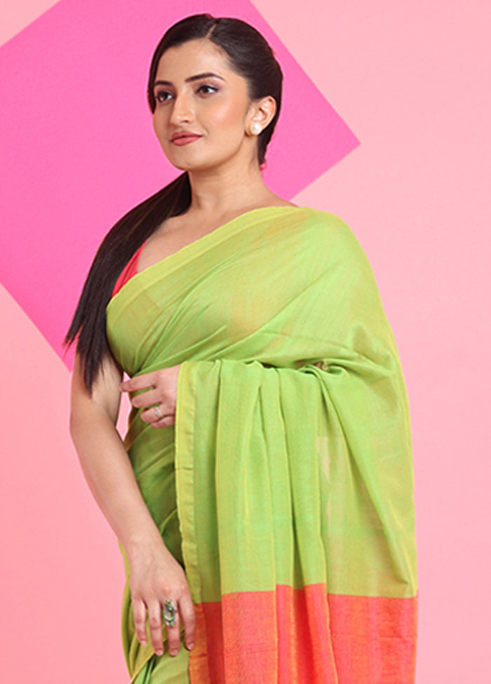 Parrot Green Cotton Saree With Blouse Piece Clearance For Cheap