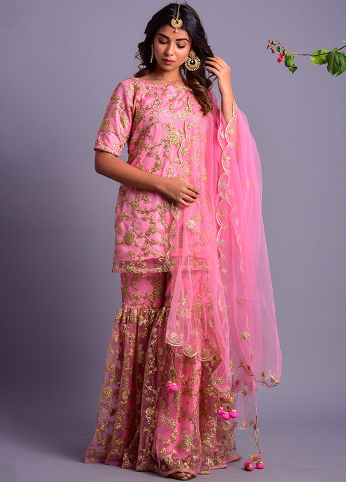 3 Pc Pink Net Sharara Suit Set With Dupatta Online Sale