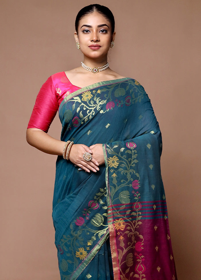 Blue Khadi Cotton Saree With Blouse Piece With Credit Card Cheap Online