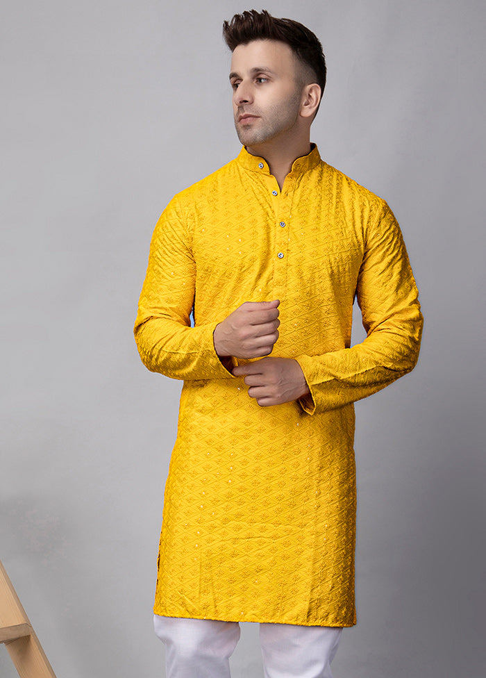 2 Pc Yellow Viscose Kurta Pajama Set Newest