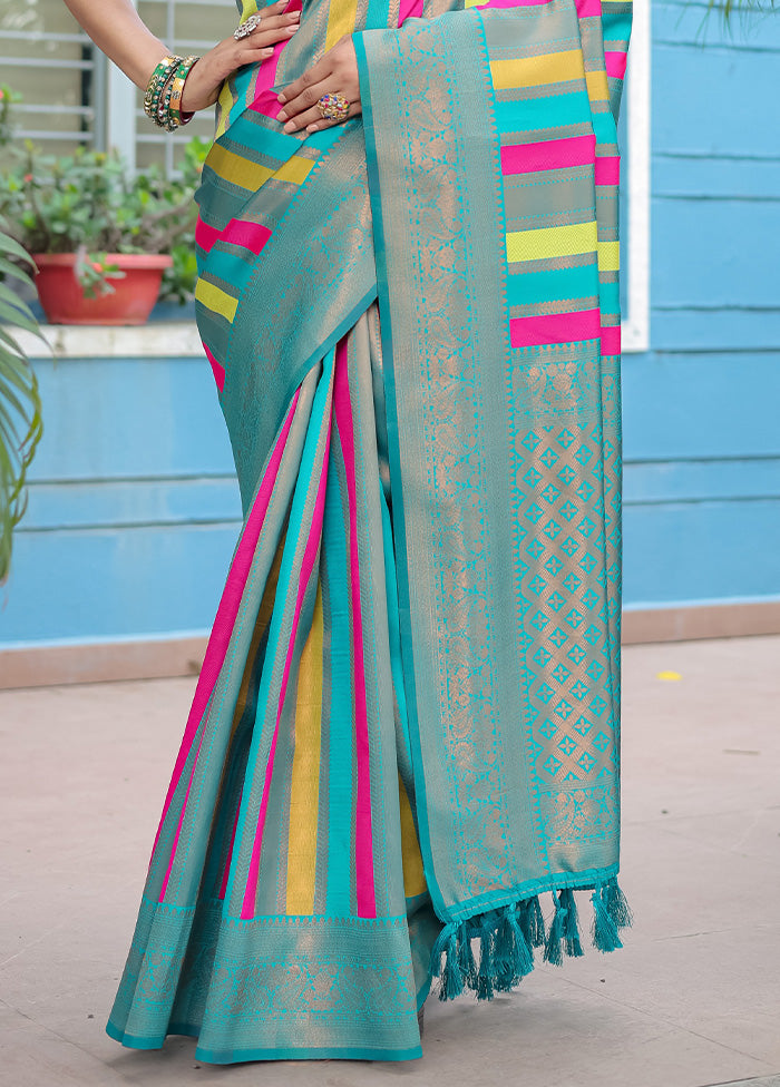 Turquoise Kanjivaram Silk Saree With Blouse Piece Cheap Sale Finishline