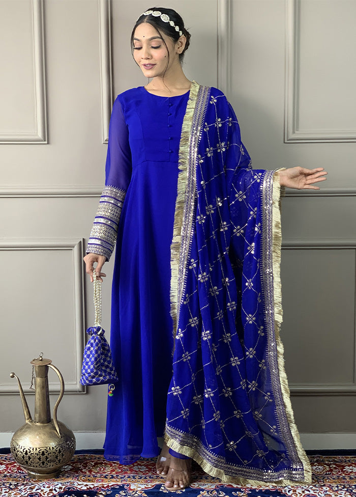 3 Pc Blue Readymade Georgette Dupatta Suit Set Outlet Online