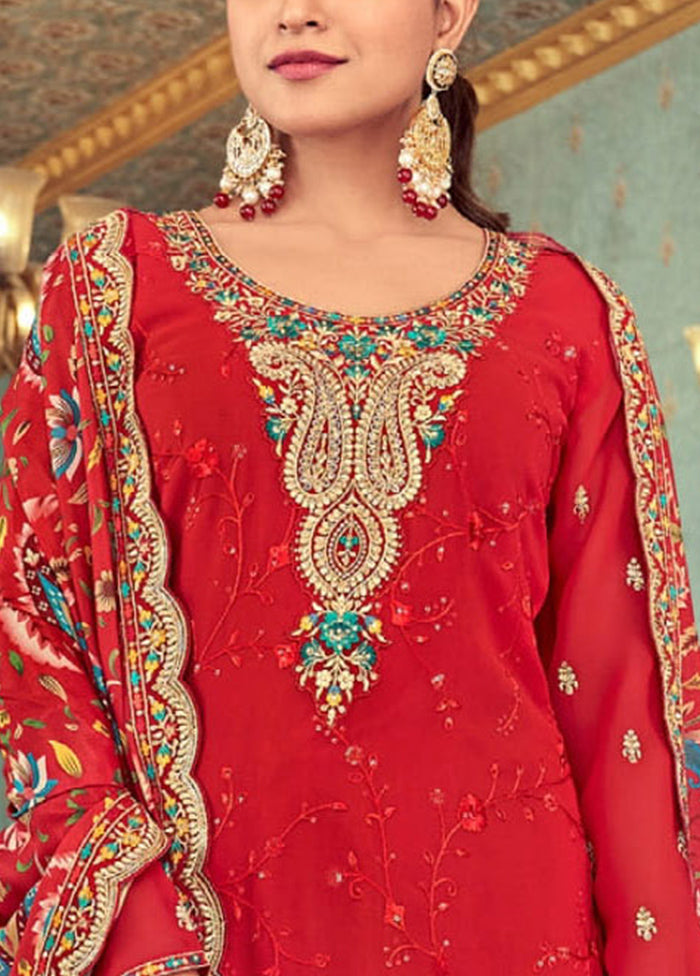 3 Pc Red Semi Stitched Georgette Suit Set Online Online Original