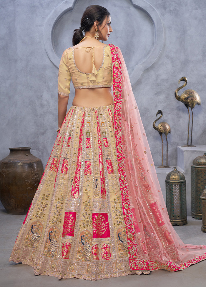 3 Pc Pink Silk Semi Stitched Lehenga Set Free Shipping Order