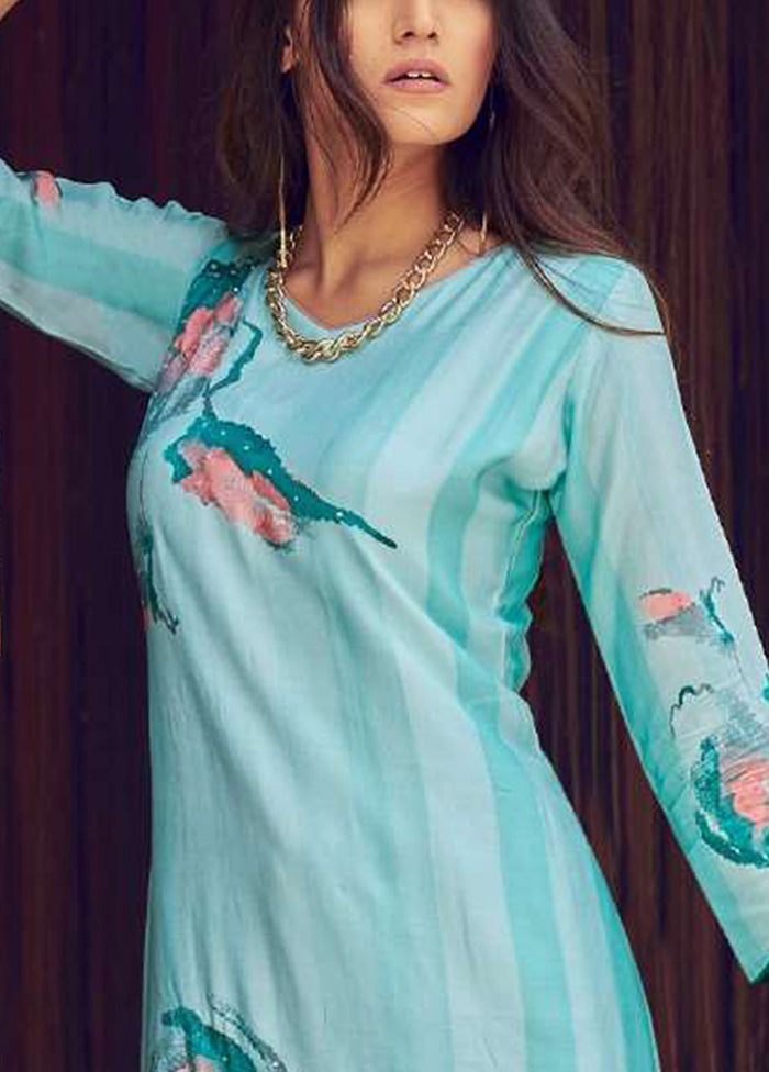 3 Pc Sky Blue Semi Stitched Silk Dupatta Suit Set For Nice Online