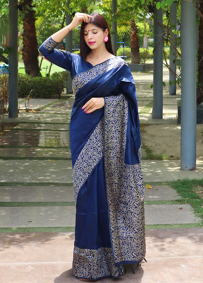 Blue Spun Silk Saree With Blouse Piece Buy Cheap With Mastercard