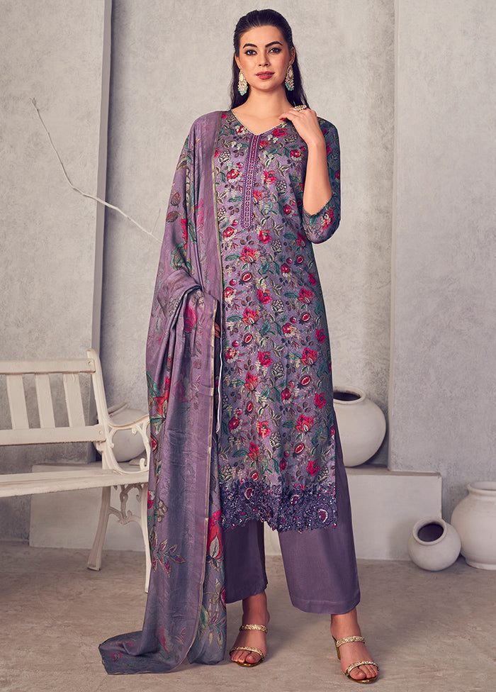 3 Pc Purple Unstitched Pure Pashmina Suit Set High Quality For Sale