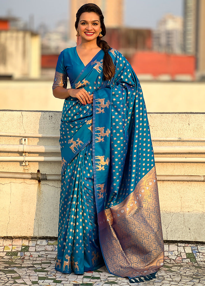 Blue Spun Silk Saree With Blouse Piece How Much Cheap Online