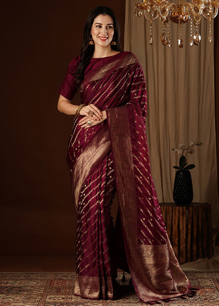 Maroon Satin Silk Saree With Blouse Piece Affordable Online