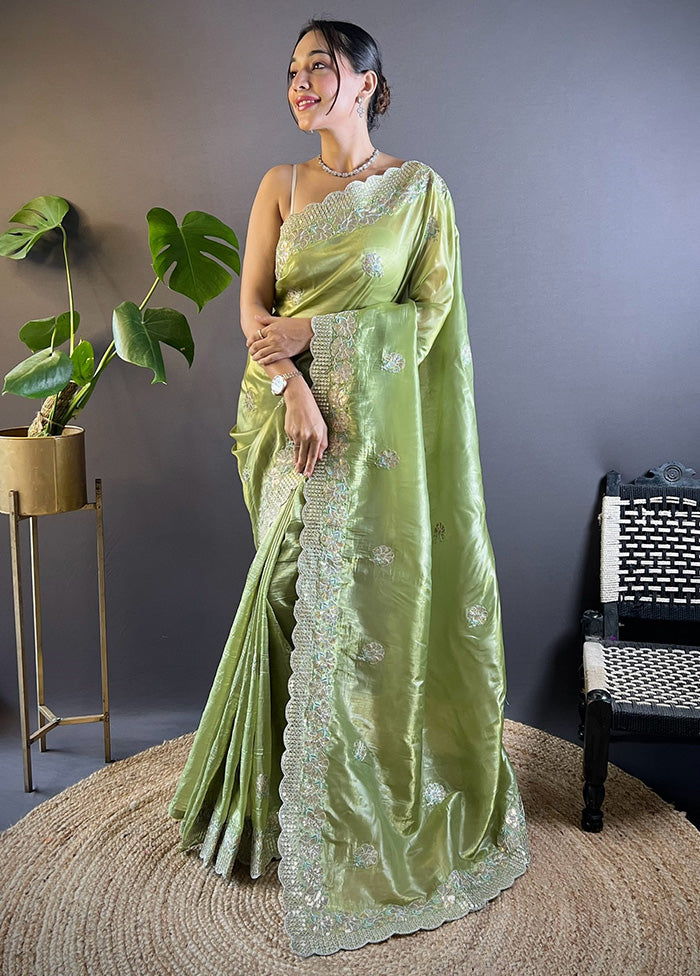 Green Spun Silk Saree With Blouse Piece Outlet Free Shipping Authentic