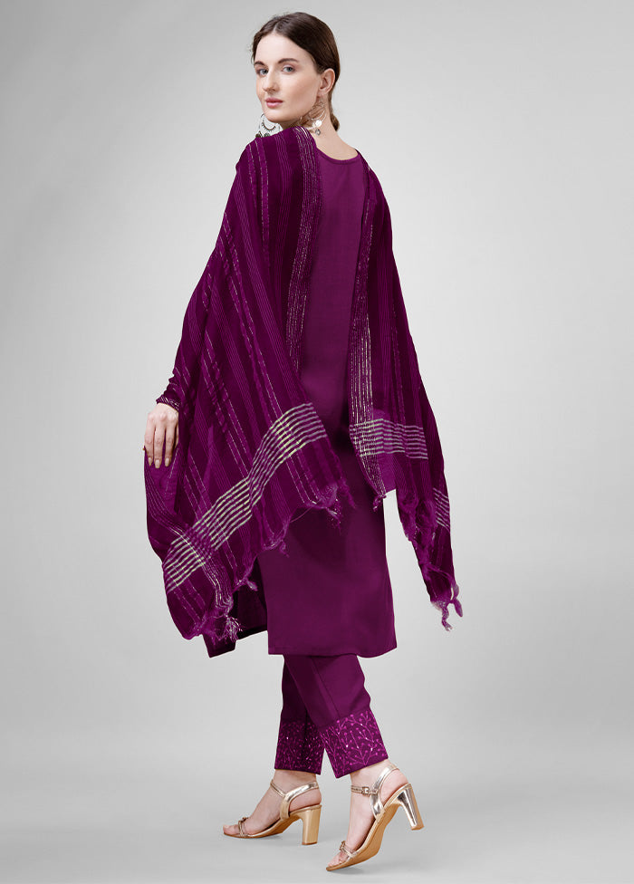 3 Pc Purple Readymade Cotton Suit Set Online For Sale