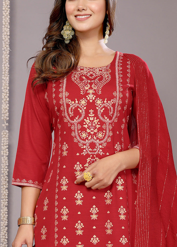 3 Pc Red Readymade Cotton Suit Set Latest Sale Online