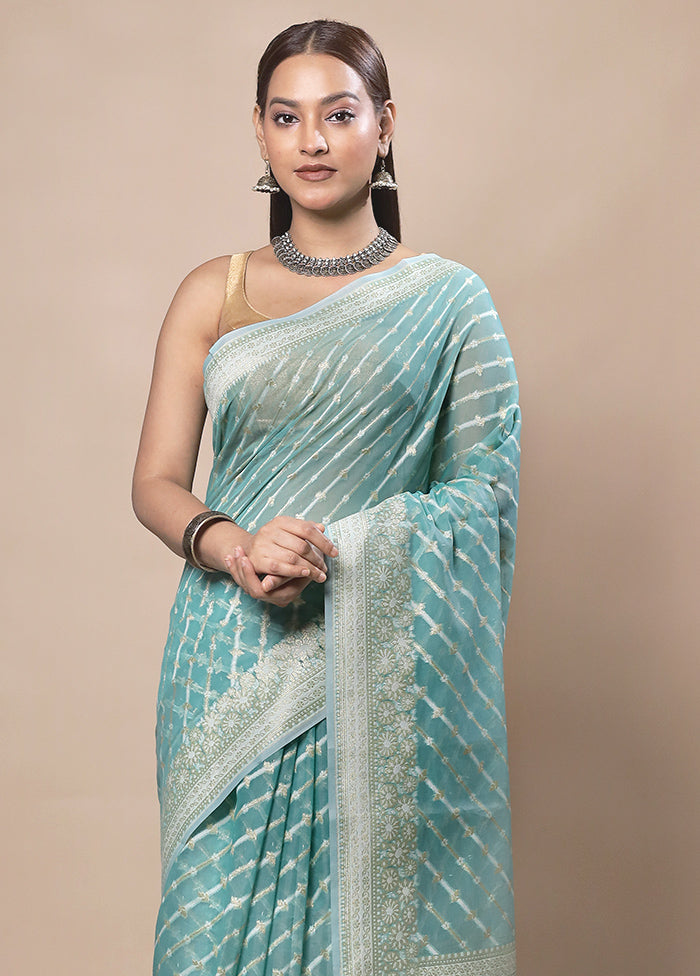 Sky Blue Kora Silk Saree With Blouse Piece Clearance Buy