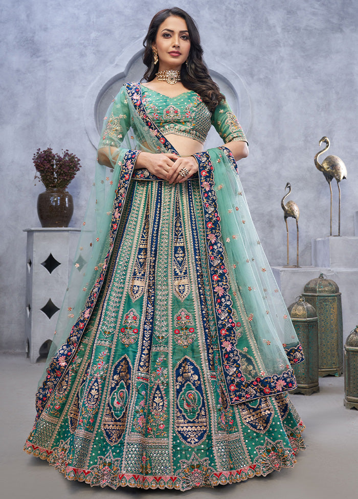 3 Pc Green Silk Semi Stitched Lehenga Set For Sale 2025