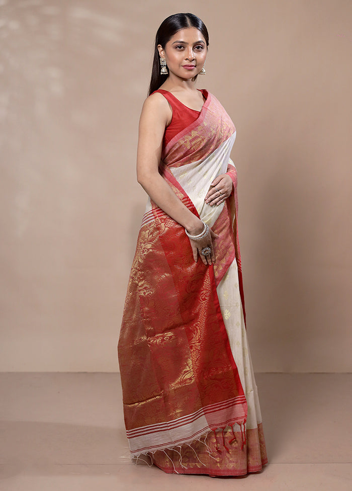 White Khadi Cotton Saree With Blouse Piece Discount Huge Surprise