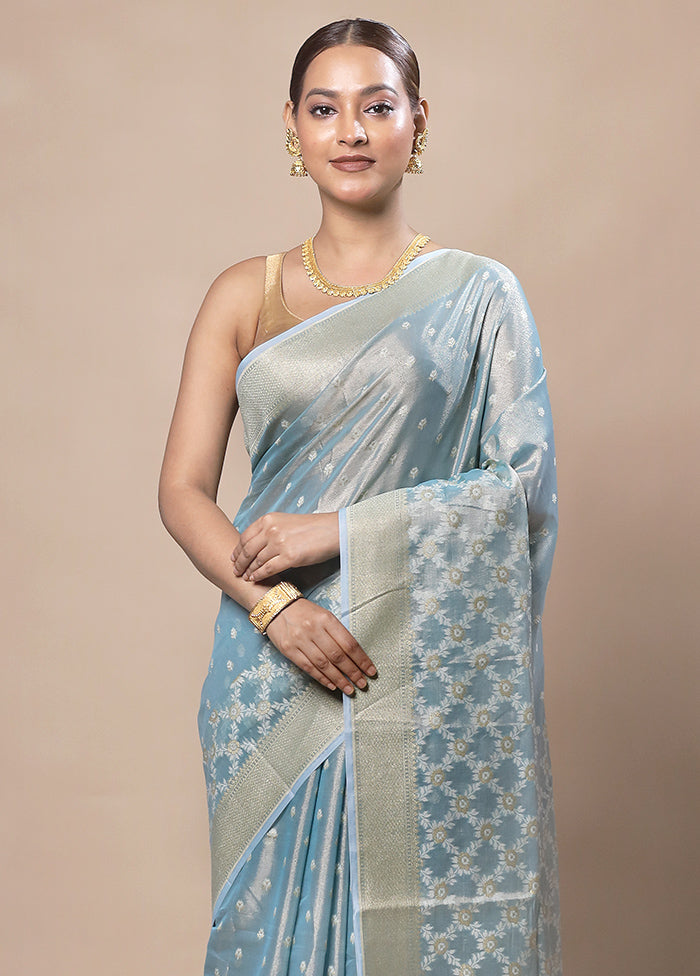 Sky Blue Tissue Silk Saree With Blouse Piece Newest