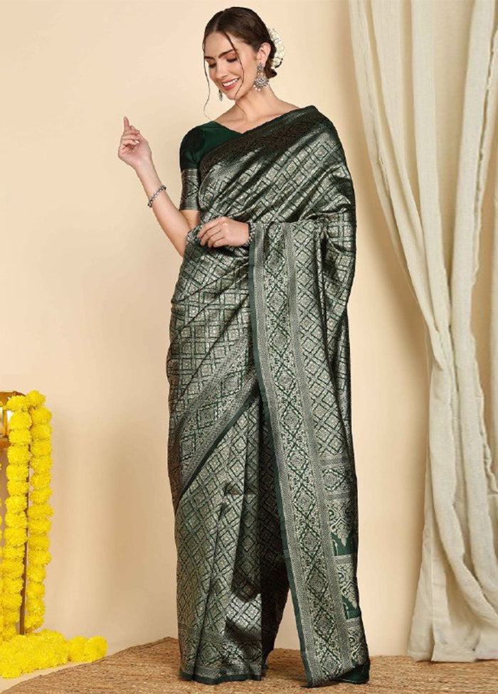 Dark Green Banarasi Silk Saree With Blouse Piece Discount Cheapest