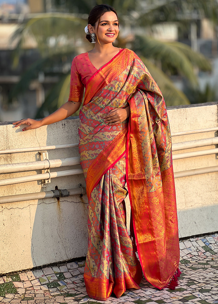 Pink Dupion Silk Saree With Blouse Piece Discount Cheapest