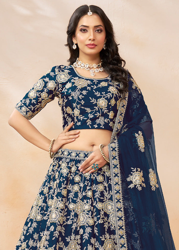 3 Pc Blue Silk Semi Stitched Lehenga Set Buy Cheap Inexpensive