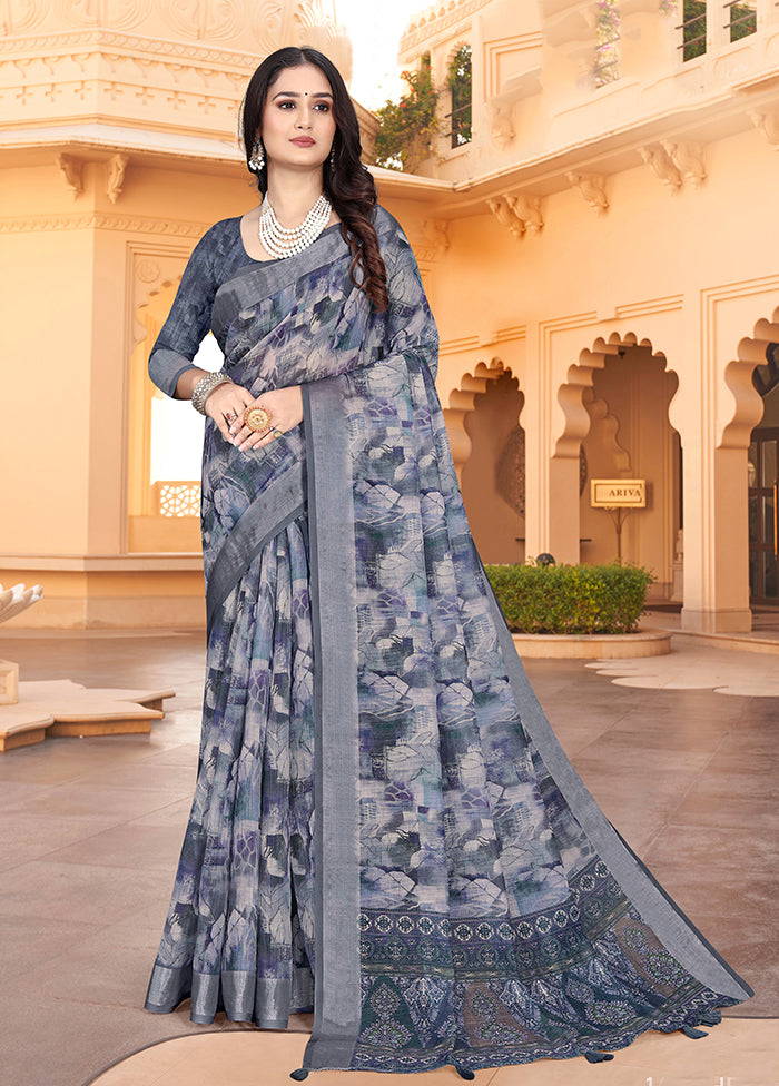 Grey Linen Silk Saree With Blouse Piece 100% Authentic For Sale