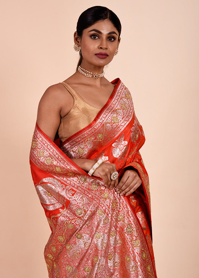 Red Banarasi Silk Saree With Blouse Piece Discount Low Shipping Fee