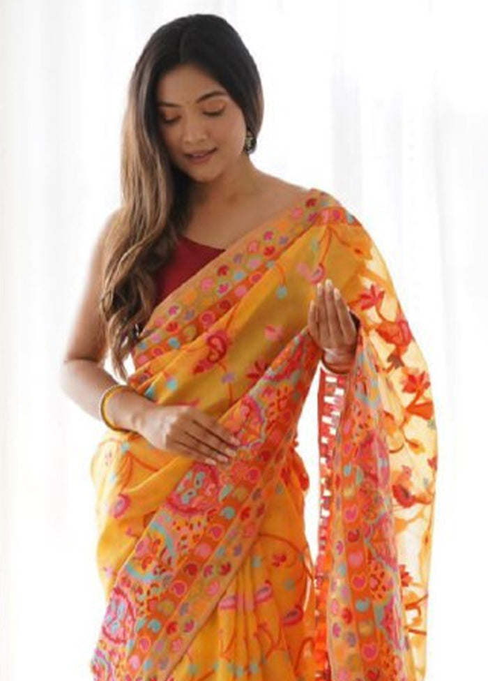 Mustard Banarasi Silk Saree With Blouse Piece Outlet Get To Buy