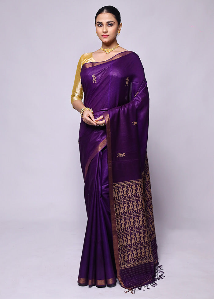 Purple Handloom Tussar Pure Silk Saree With Blouse Piece Sale New Styles