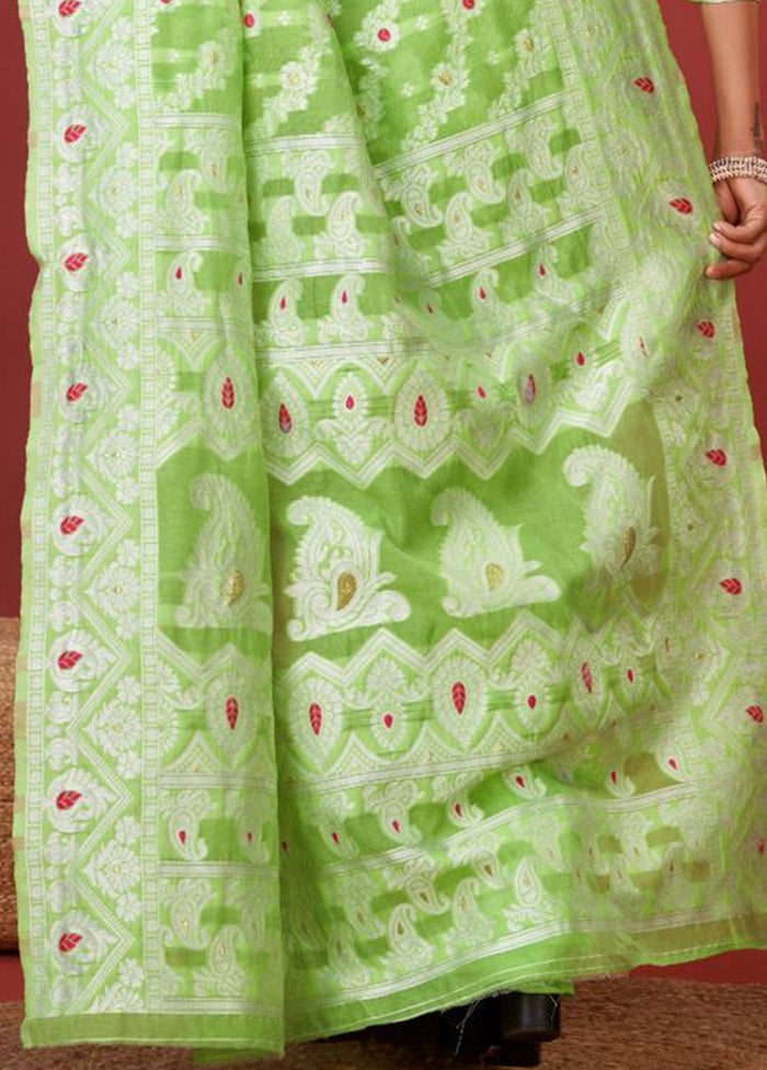 Parrot Green Cotton Saree With Blouse Piece Cheap Sale Fashionable