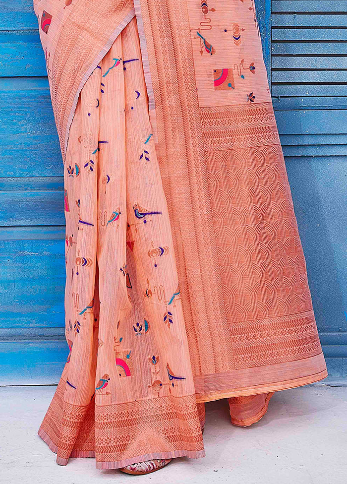 Peach Linen Silk Saree With Blouse Piece Clearance Choice