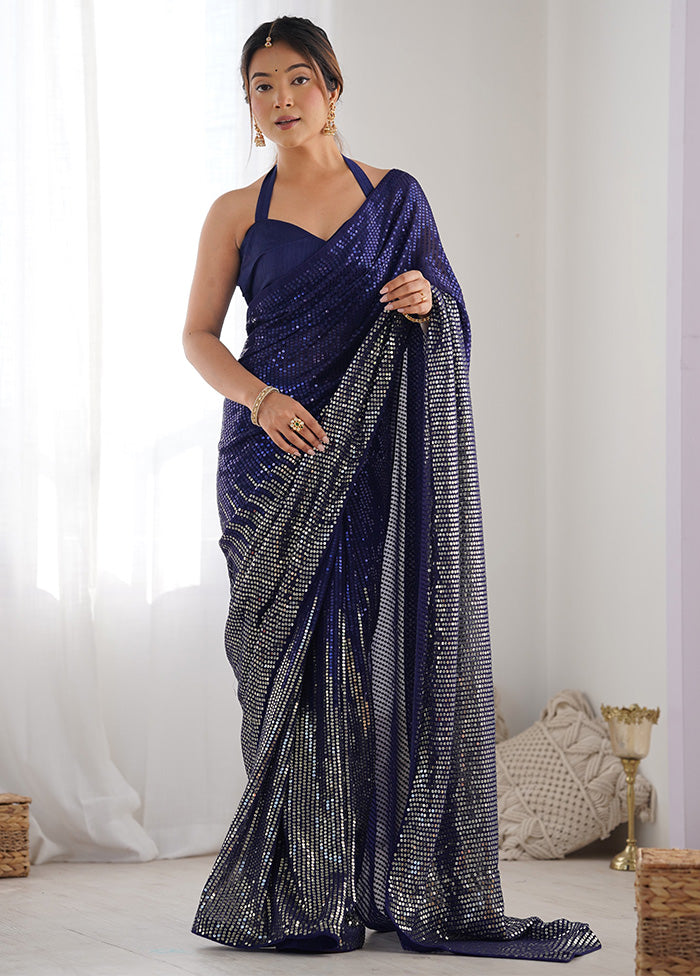 Blue Georgette Saree With Blouse Piece Outlet Best Place