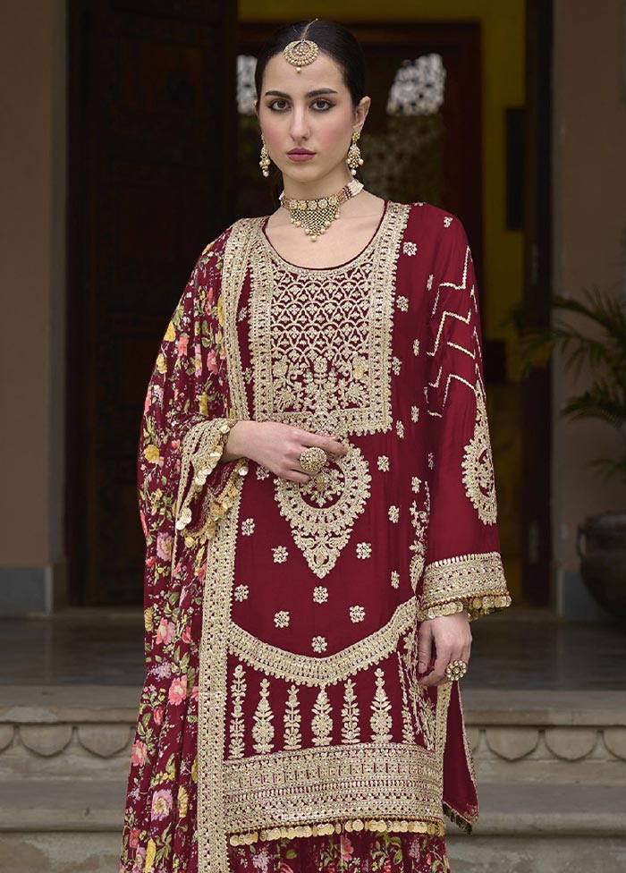 3 Pc Maroon Semi Stitched Silk Suit Set Quality From China Wholesale