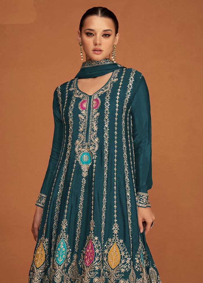 3 Pc Teal Semi Stitched Georgette Suit Set Outlet Shop Offer