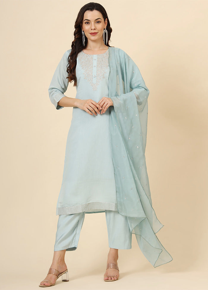 3 Pc Blue Readymade Silk Suit Set Pices Cheap Online