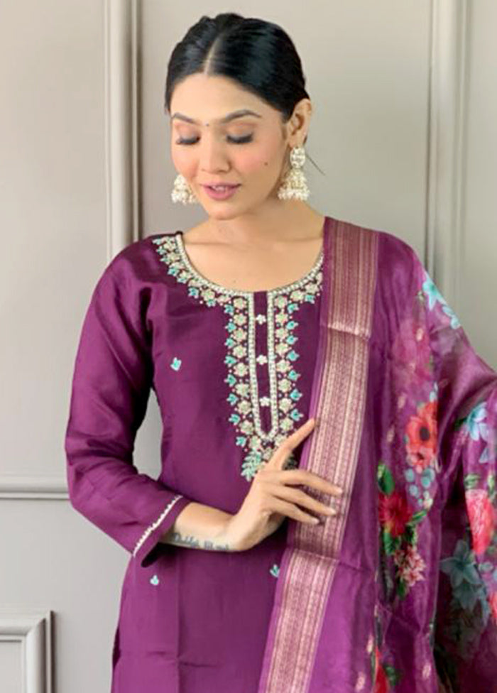 3 Pc Purple Readymade Chanderi Suit Set Free Shipping Supply