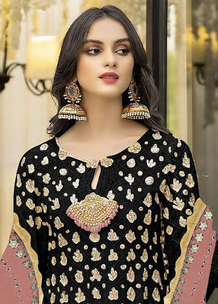 3 Pc Black Semi Stitched Georgette Suit Set Inexpensive