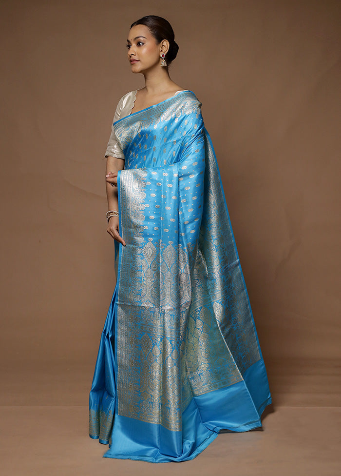 Blue Handloom Banarasi Pure Silk Saree With Blouse Piece Outlet Deals