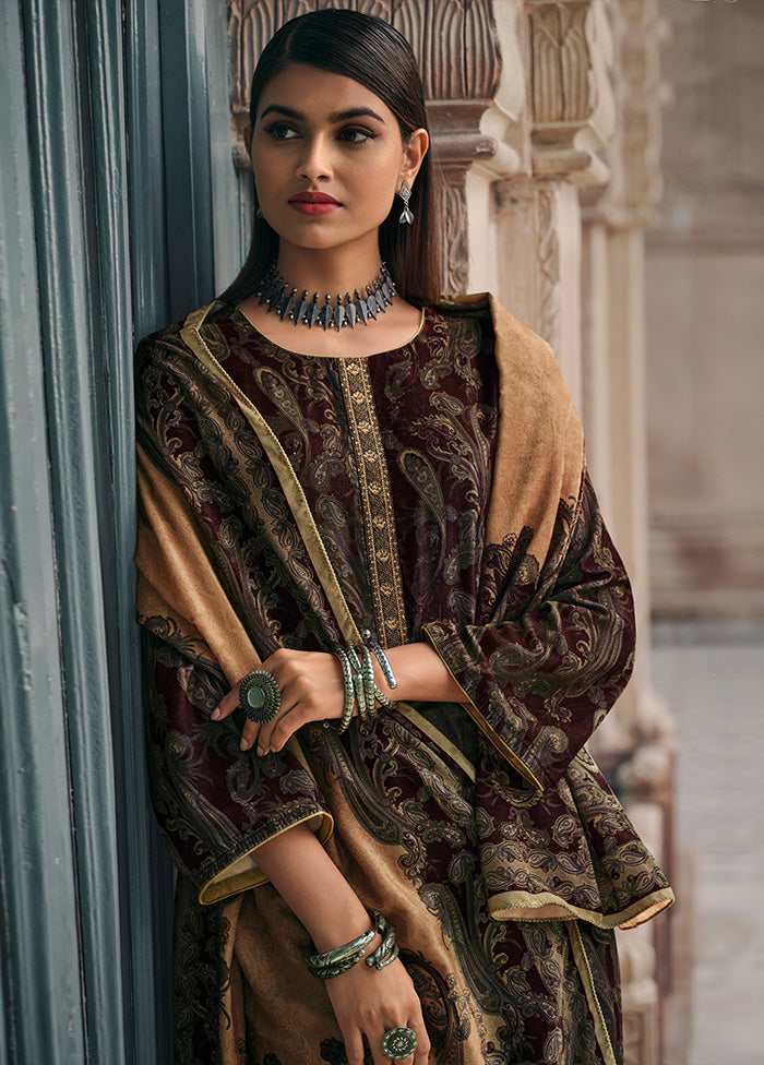 3 Pc Brown Unstitched Silk Suit Set For Sale Free Shipping