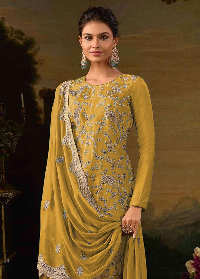 3 Pc Yellow Semi Stitched Silk Suit Set Discount Supply